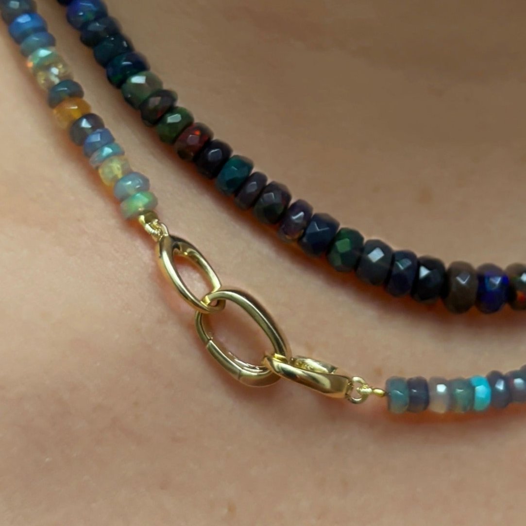 14K Gold Plain Oval Charm Lock linked on oval linking clasps of a Galaxy-Multi Opal Necklace