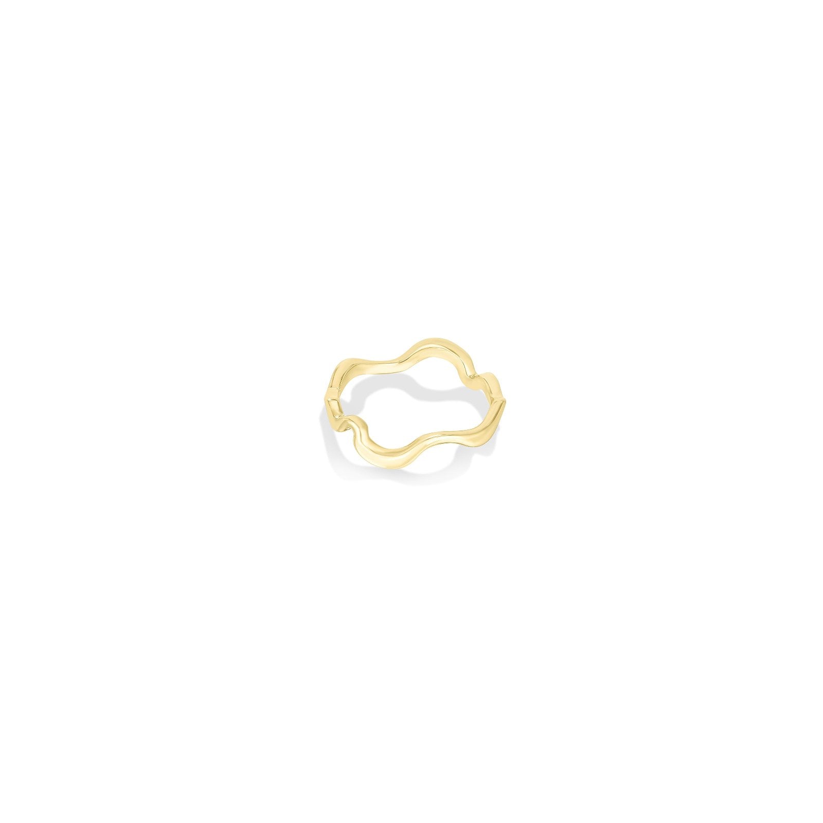 A 14k Recycled Yellow Gold Plain Ripple Ring, with a smooth gold surface and a shape inspired by water. 