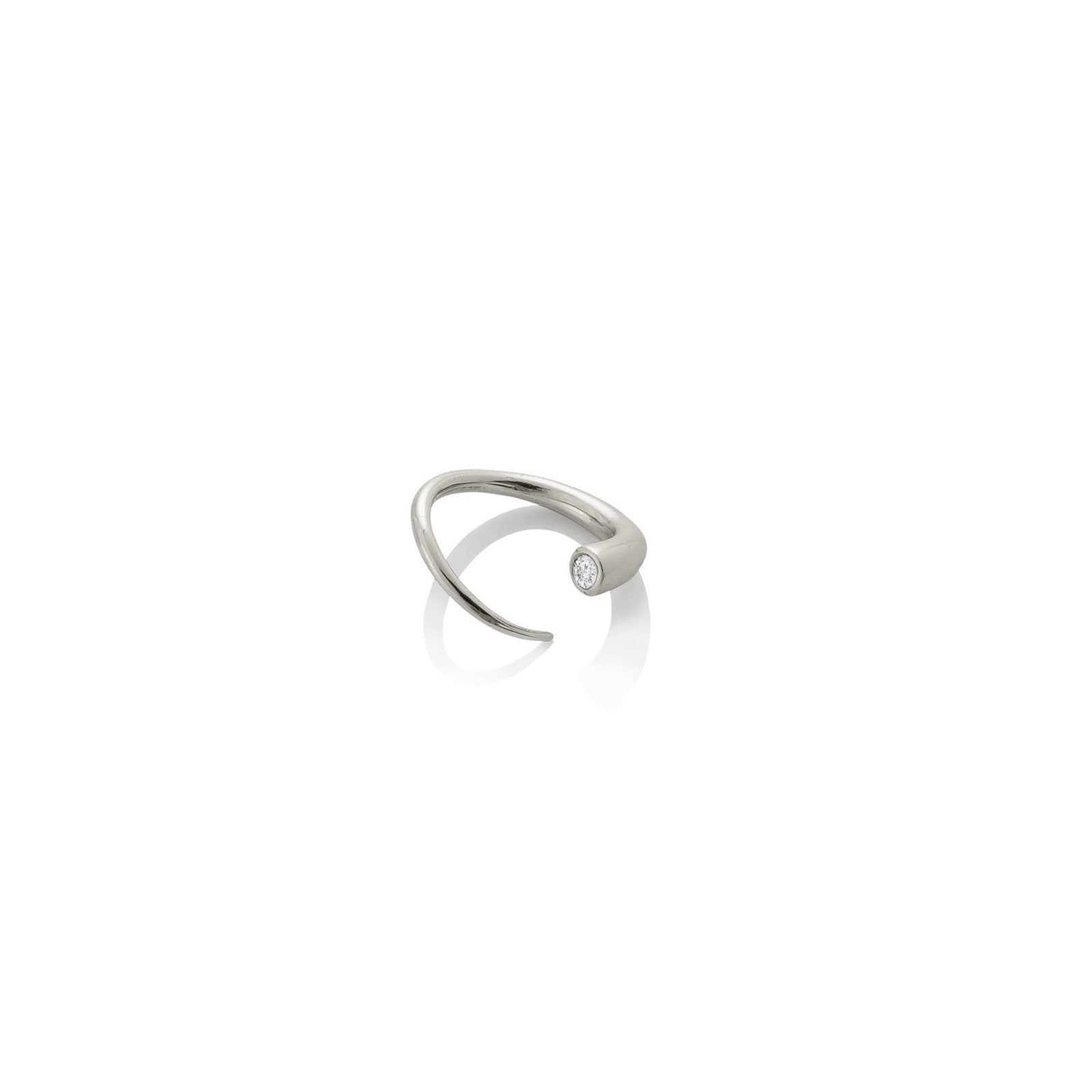 14k Recycled White Gold Quill Bypass Ring with bezel set, ethical lab grown Diamond.