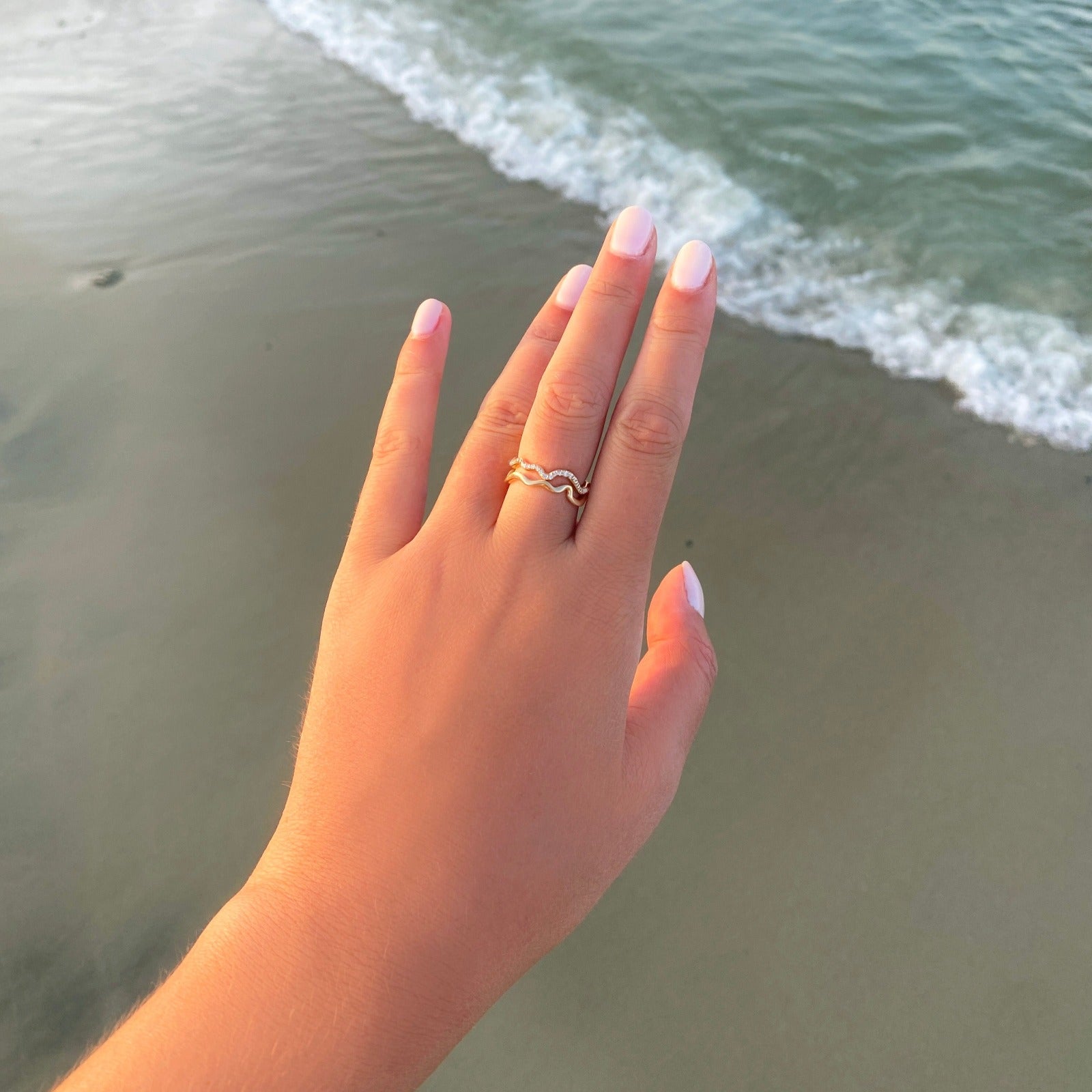 14k recycled gold Plain Ripple Ring styled with a full pavé Ripple ring set with lab grown diamonds on a hand in front of the ocean.

Fashion, Fashion Photography, Jewelry Design, Fashion Styles, Trends, Trendy, Lab Grown Diamonds, Engagement, Wedding, Diamonds