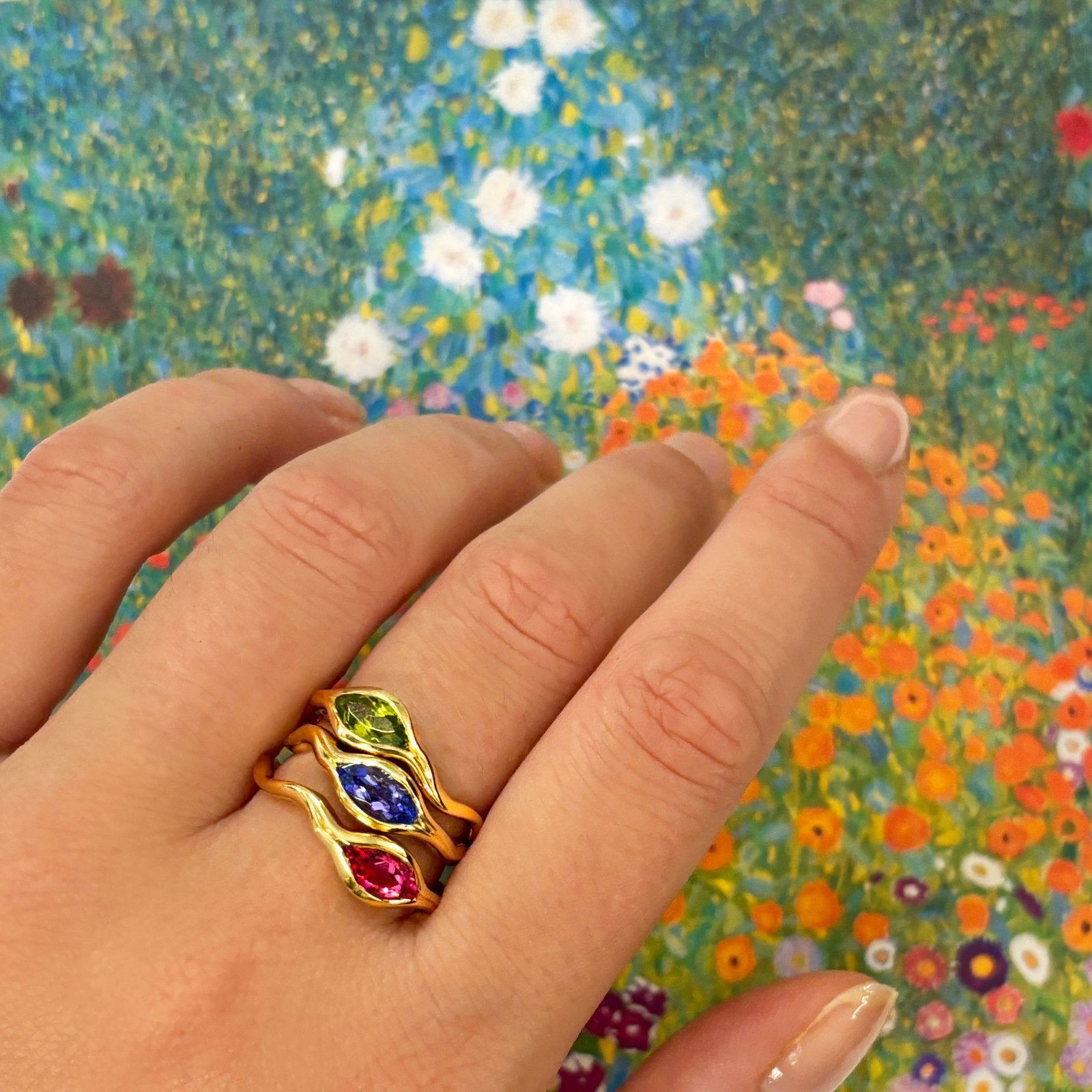 14K Recycled Gold Ripple Ring with Green Tourmaline Marquise stacked with Blue Tourmaline and Pink Tourmaline 

Fashion, Fashion Photography, Jewelry Design, Fashion Styles, Trends, Trendy, Lab Grown Diamonds, Rings, Fine Jewelry