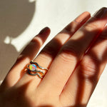 14K Recycled yellow Gold Ripple Ring with a fiery Opal styled on a hand layered with plain yellow gold ripple rings. 

Fashion, Fashion Photography, Jewelry Design, Fashion Styles, Trends, Trendy, Lab Grown Diamonds, opals, engagement