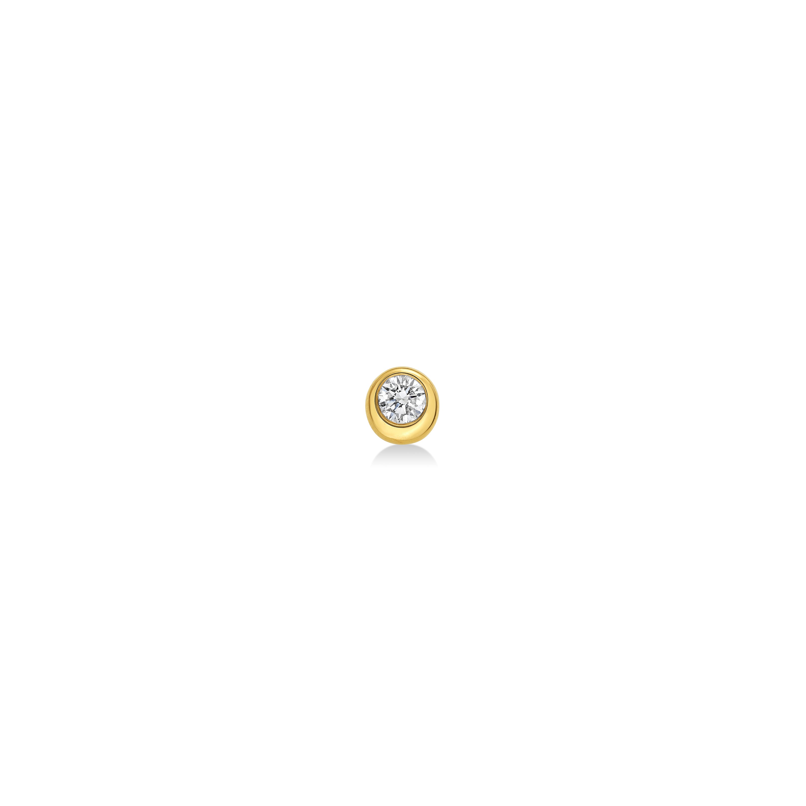 Molten Solitaire round stud in 14K yellow gold featuring a diamond shot from head on on a white background. 