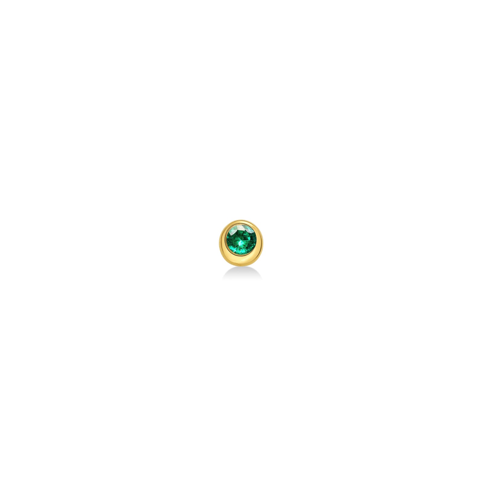 Molten solitaire stud earring in recycled 14k yellow gold with a round, cultivated emerald on a white background. 