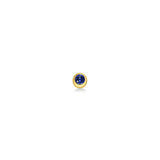 Molten solitaire stud earring in recycled 14k yellow gold with a round, cultivated sapphire on a white background. 