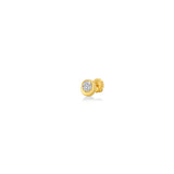Molten Solitaire round stud in 14K yellow gold featuring a diamond shot from three quarters view on a white background. 