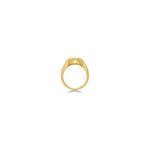 14K recycled Yellow Gold skull pinky ring styled on a whote background to showcase the ring opening