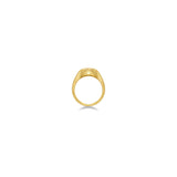14K recycled Yellow Gold skull pinky ring styled on a whote background to showcase the ring opening