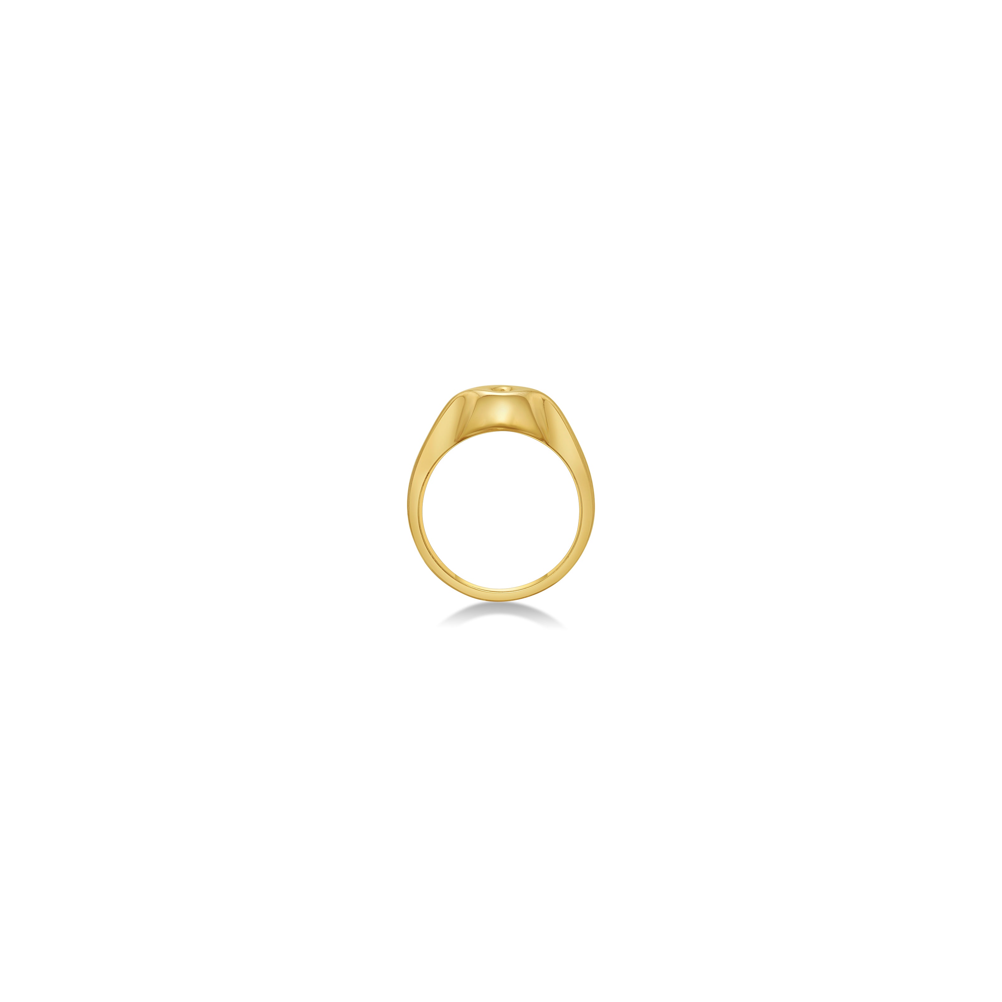 14K recycled Yellow Gold skull pinky ring styled on a whote background to showcase the ring opening