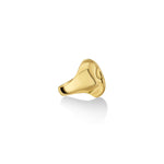 14k recycled gold skull ring styled on a side angle on a white background 