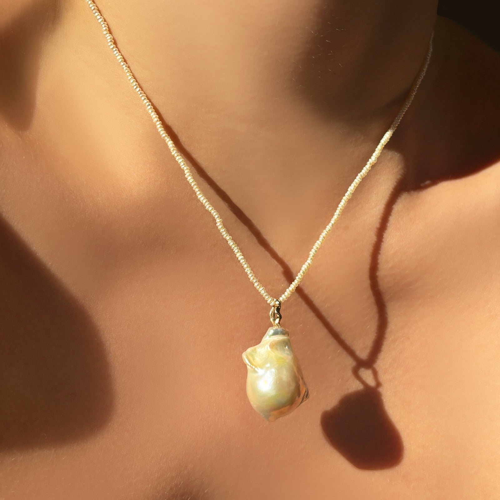 2mm slim gemstone pearl necklace with baroque pearl charm.