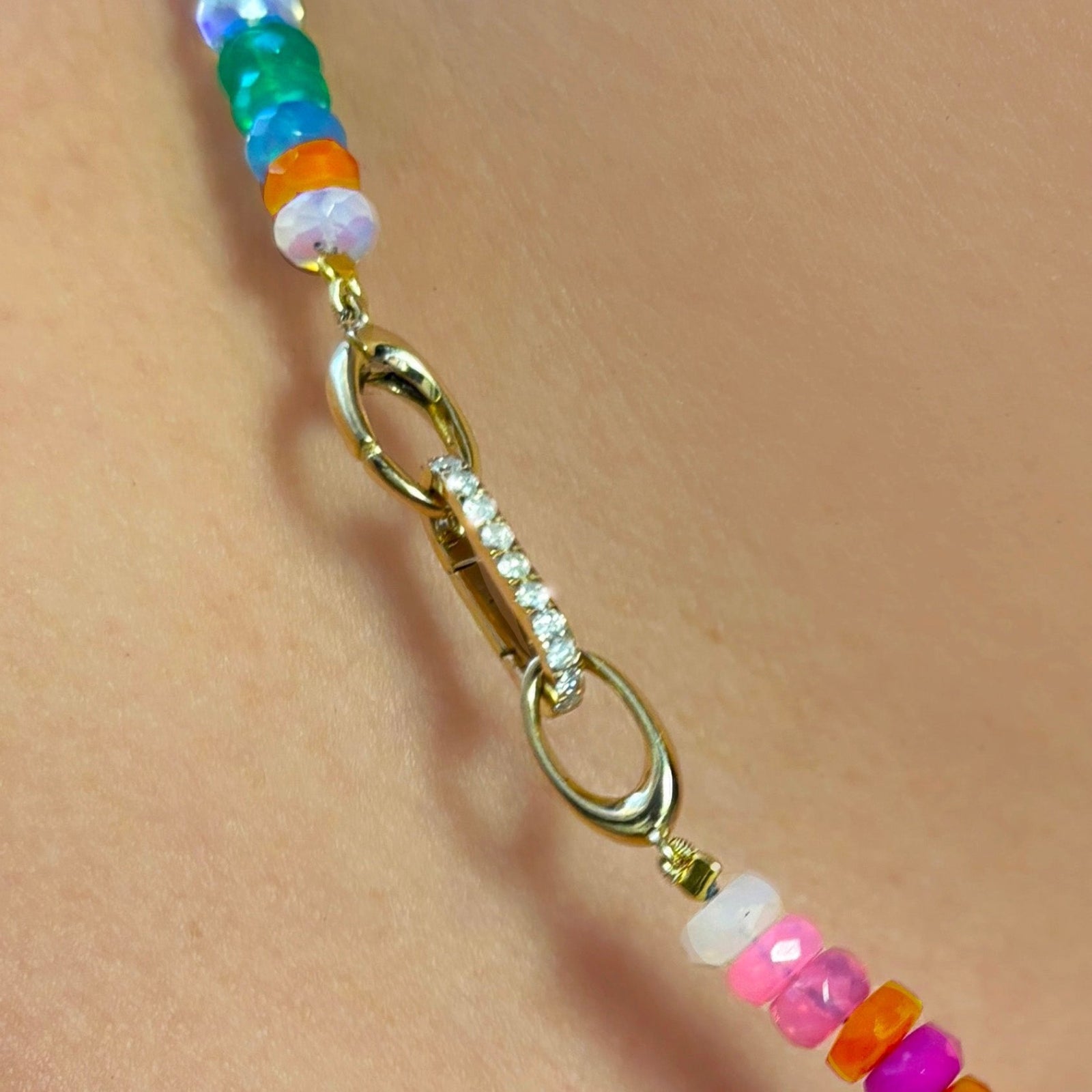 Small Diamond Charm Lock Linked on a Tropical Opal Necklace