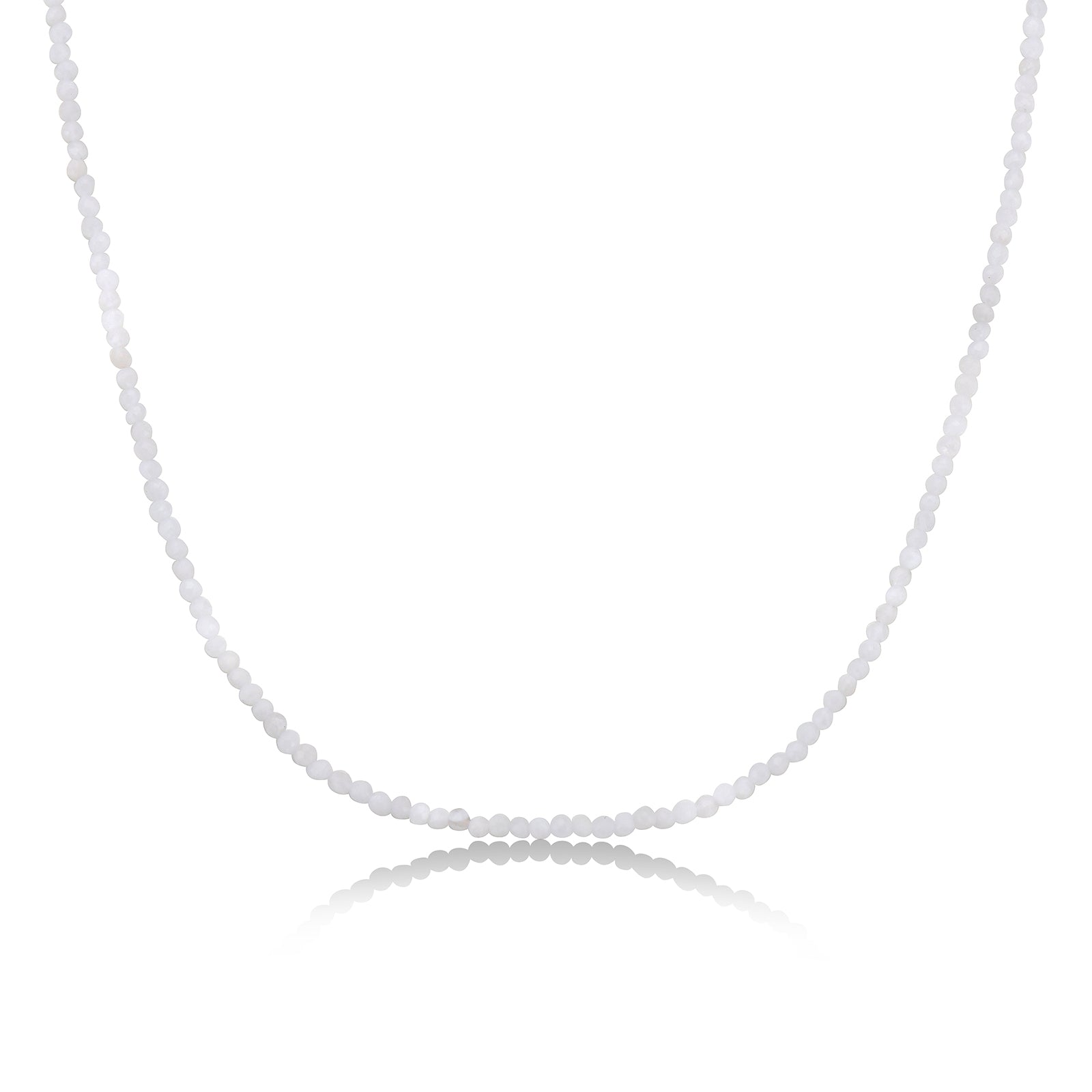 Shimmering slim gemstone beaded necklace made of 2mm faceted stones in moonstone on a gold linking lobster clasp on a white background