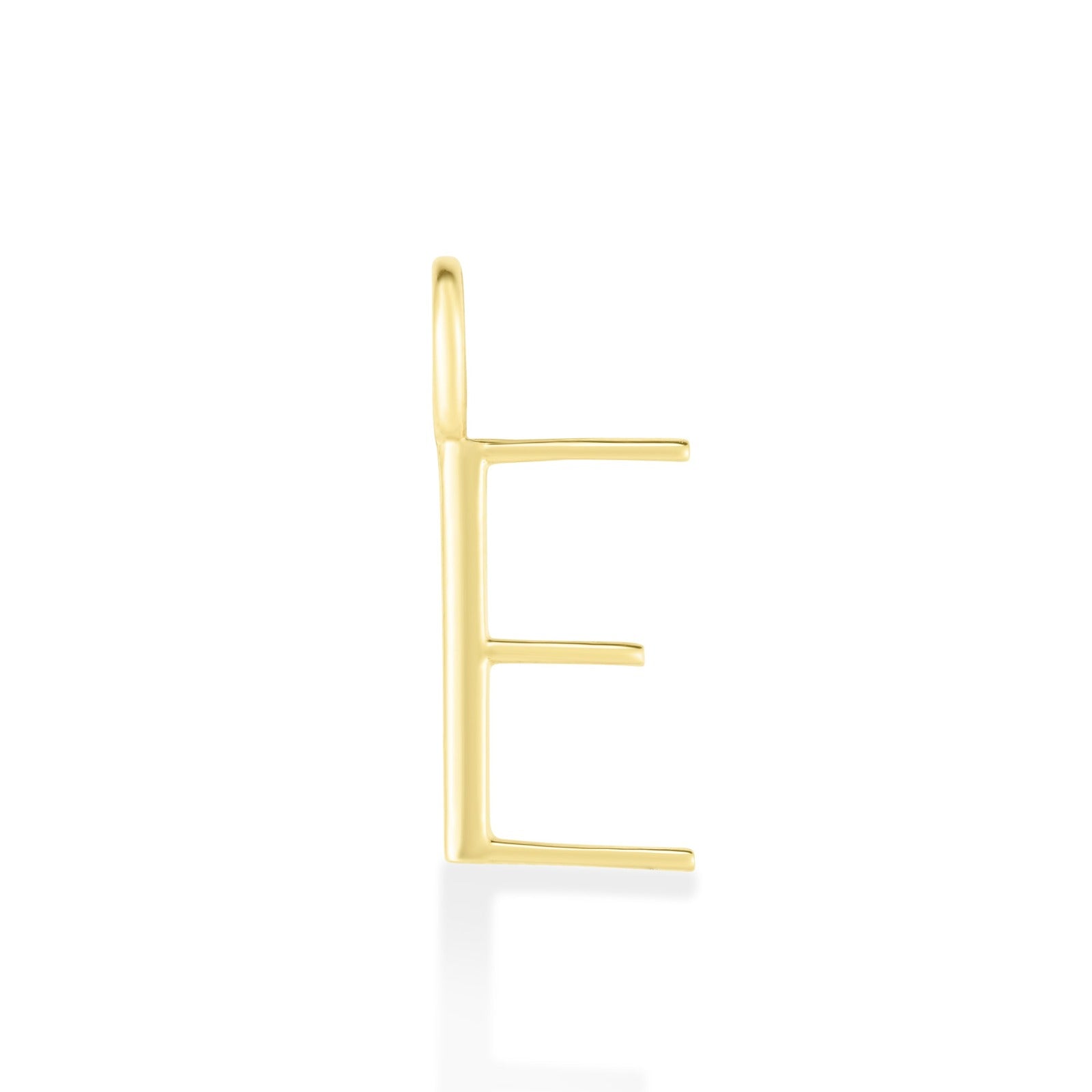 14K Recycled Yellow Gold Letter Charm E on a white background. It shows an E initial charm. 