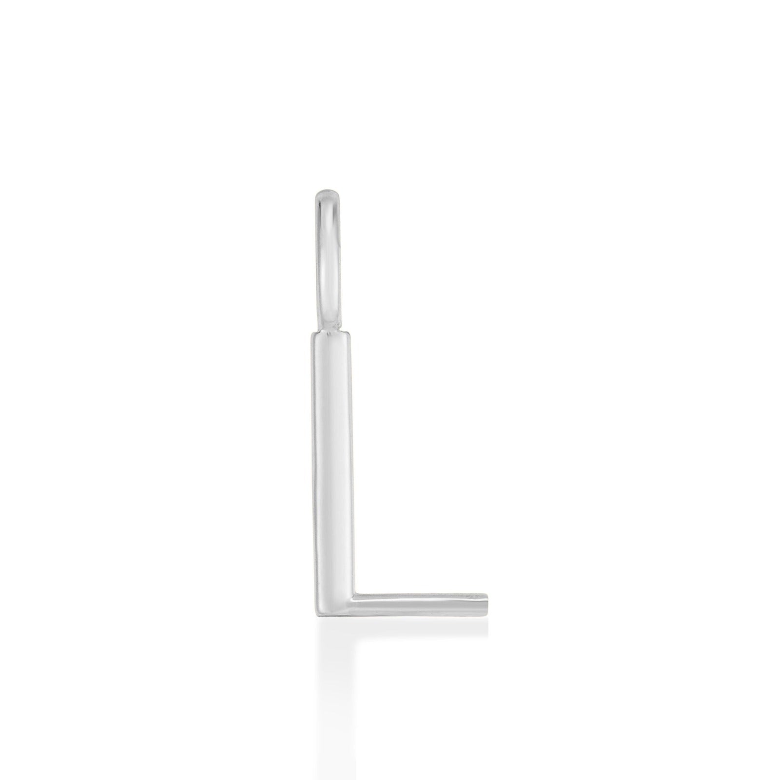 14K Recycled White Gold Letter Charm L on a white background. It shows an L initial charm. 