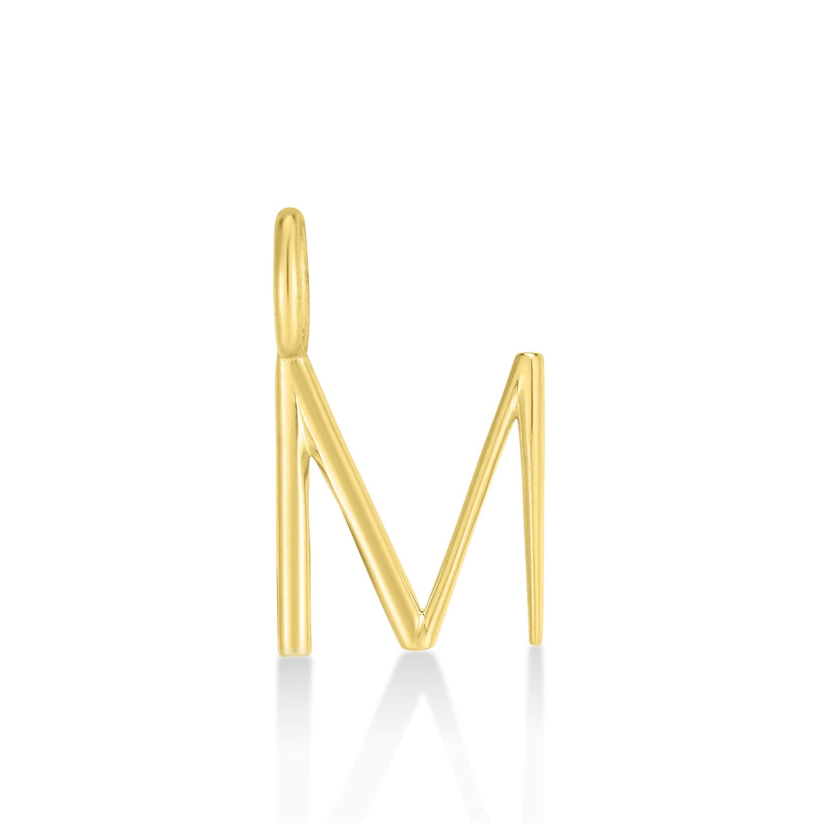 14K Recycled Yellow Gold Letter Charm M on a white background. It shows an M initial charm. 