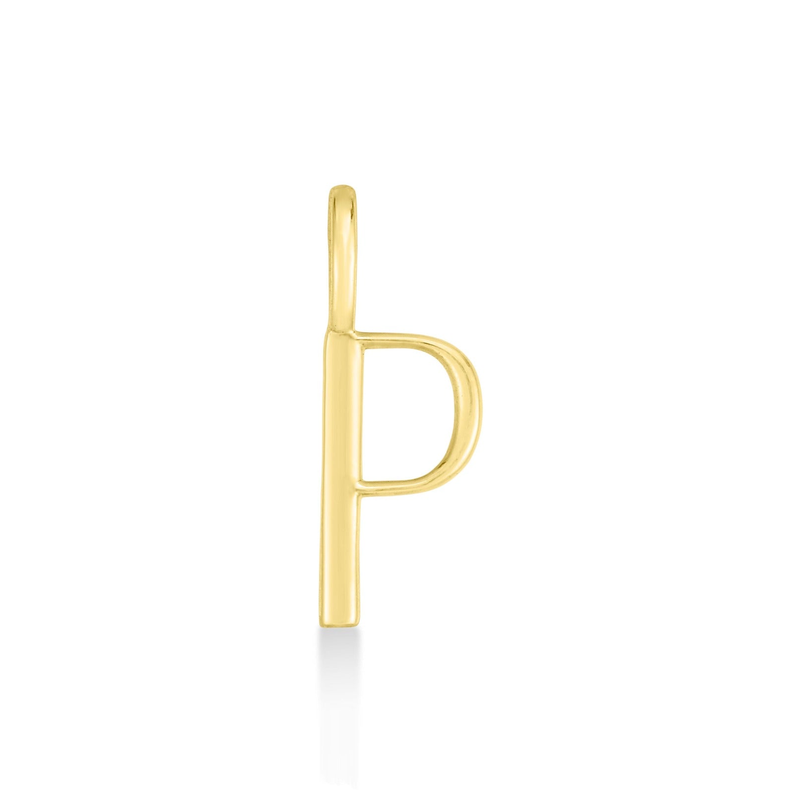 14K Recycled Yellow Gold Letter Charm P on a white background. It shows a P initial charm. 