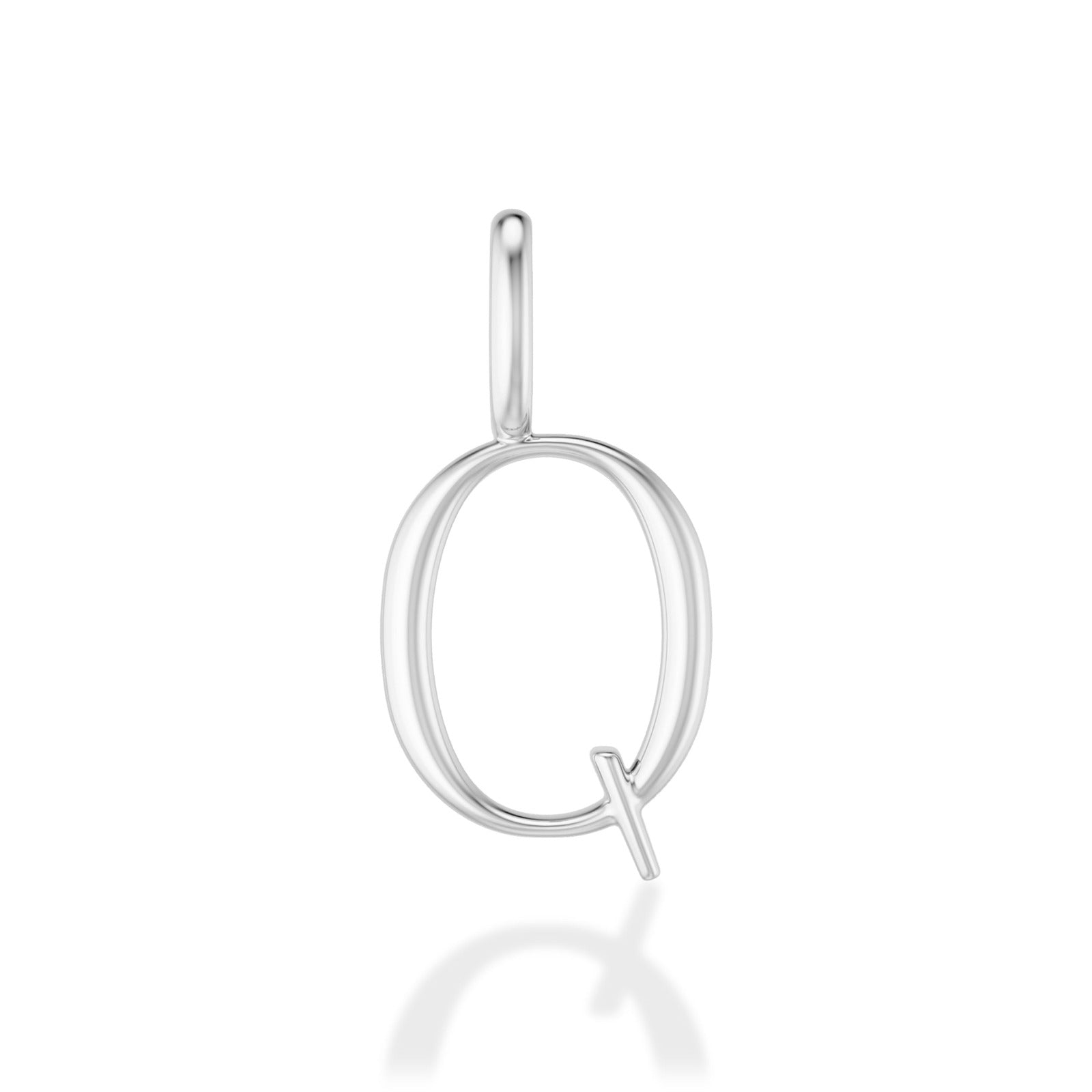 14K Recycled White Gold Letter Charm Q on a white background. It shows a Q initial charm. 