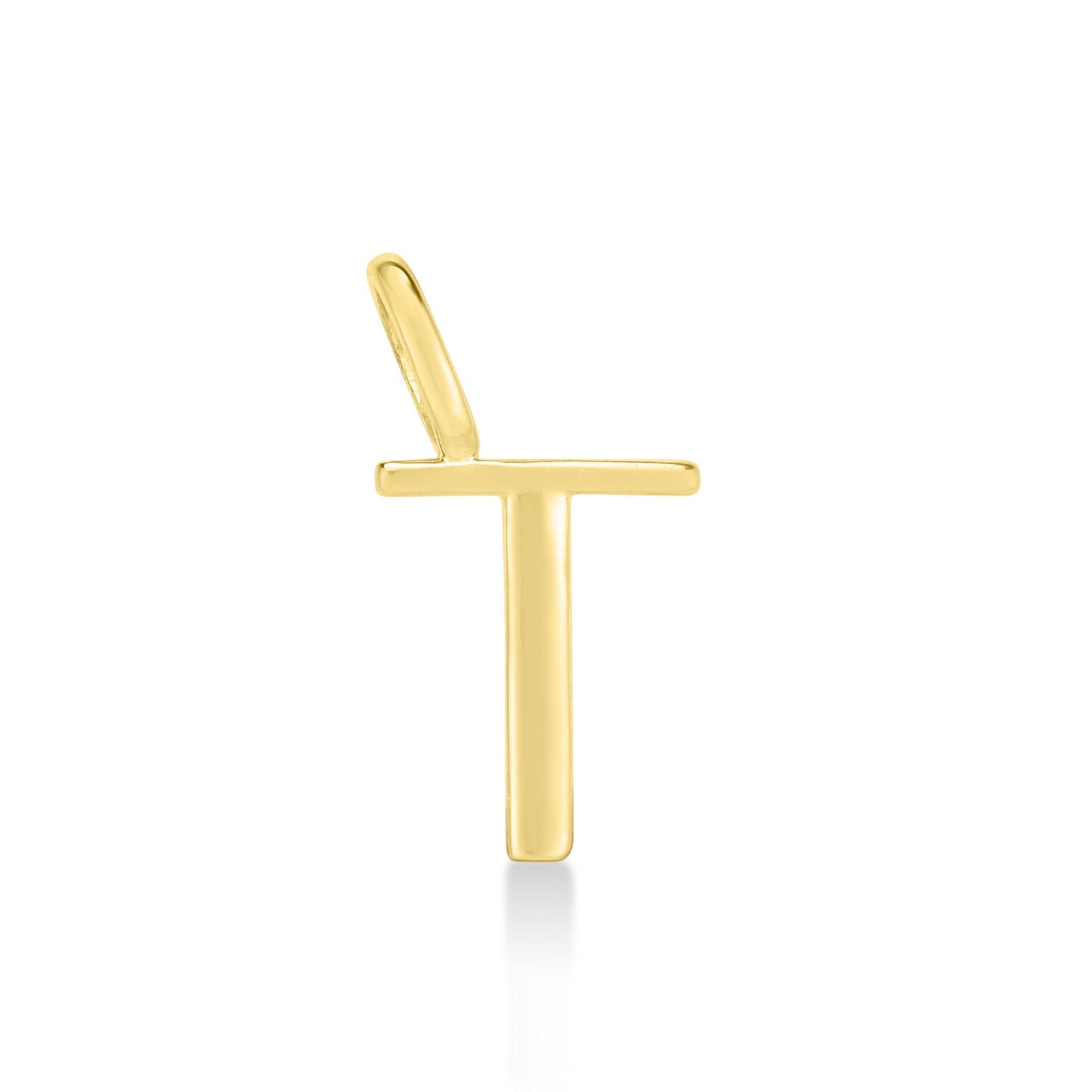 14K Recycled Yellow Gold Letter Charm T on a white background. It shows a T initial charm. 