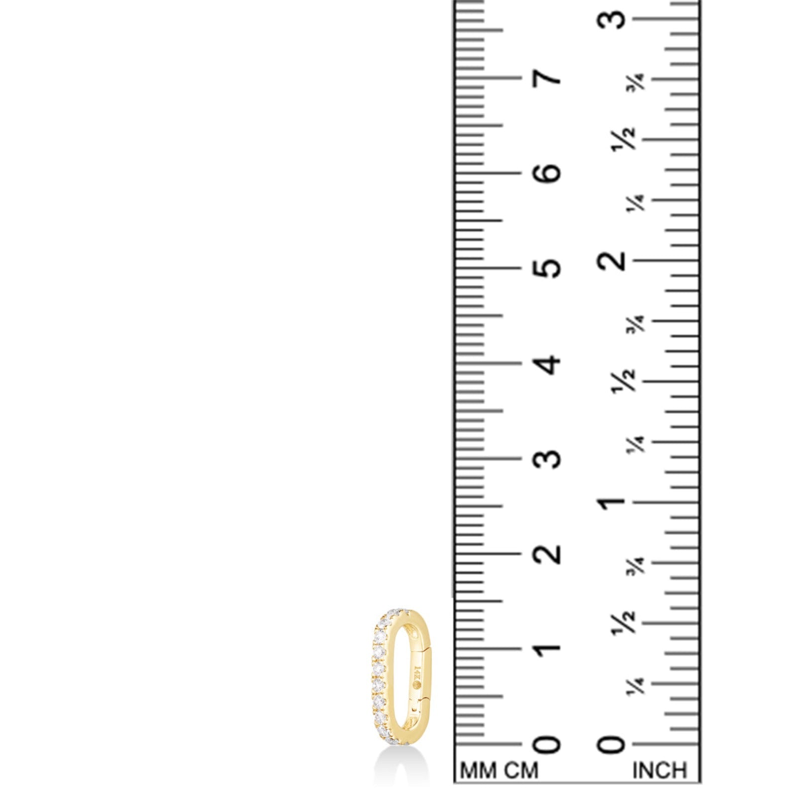 14k yellow gold Small Diamond Charm Lock with pavé on a white background with ruler measuring 14mm tall